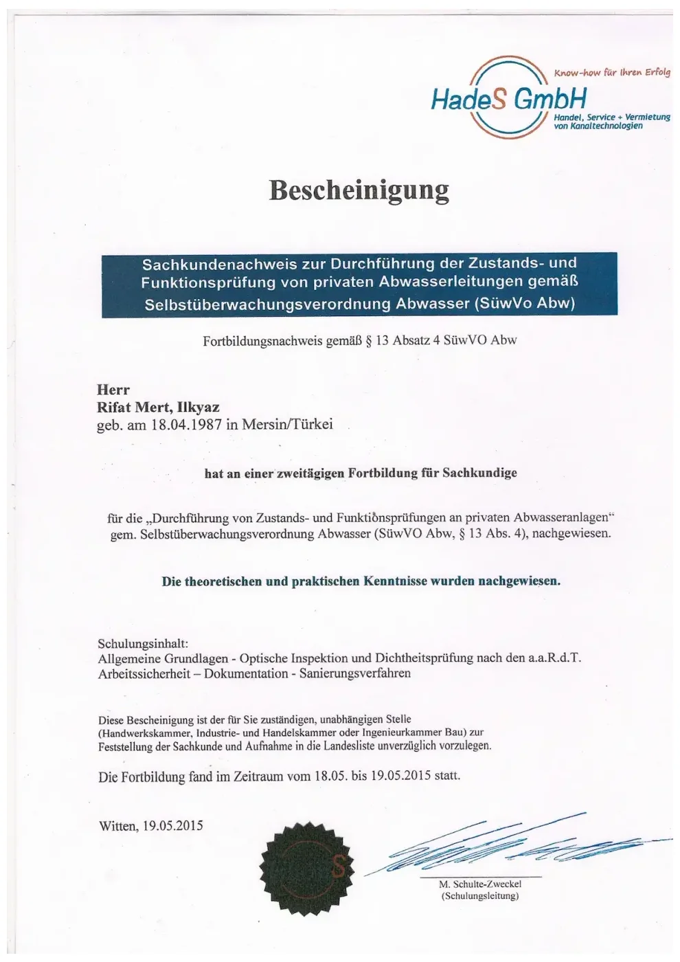 Zertifikat der RKS Rohr und Kanal Technik GmbH (02)