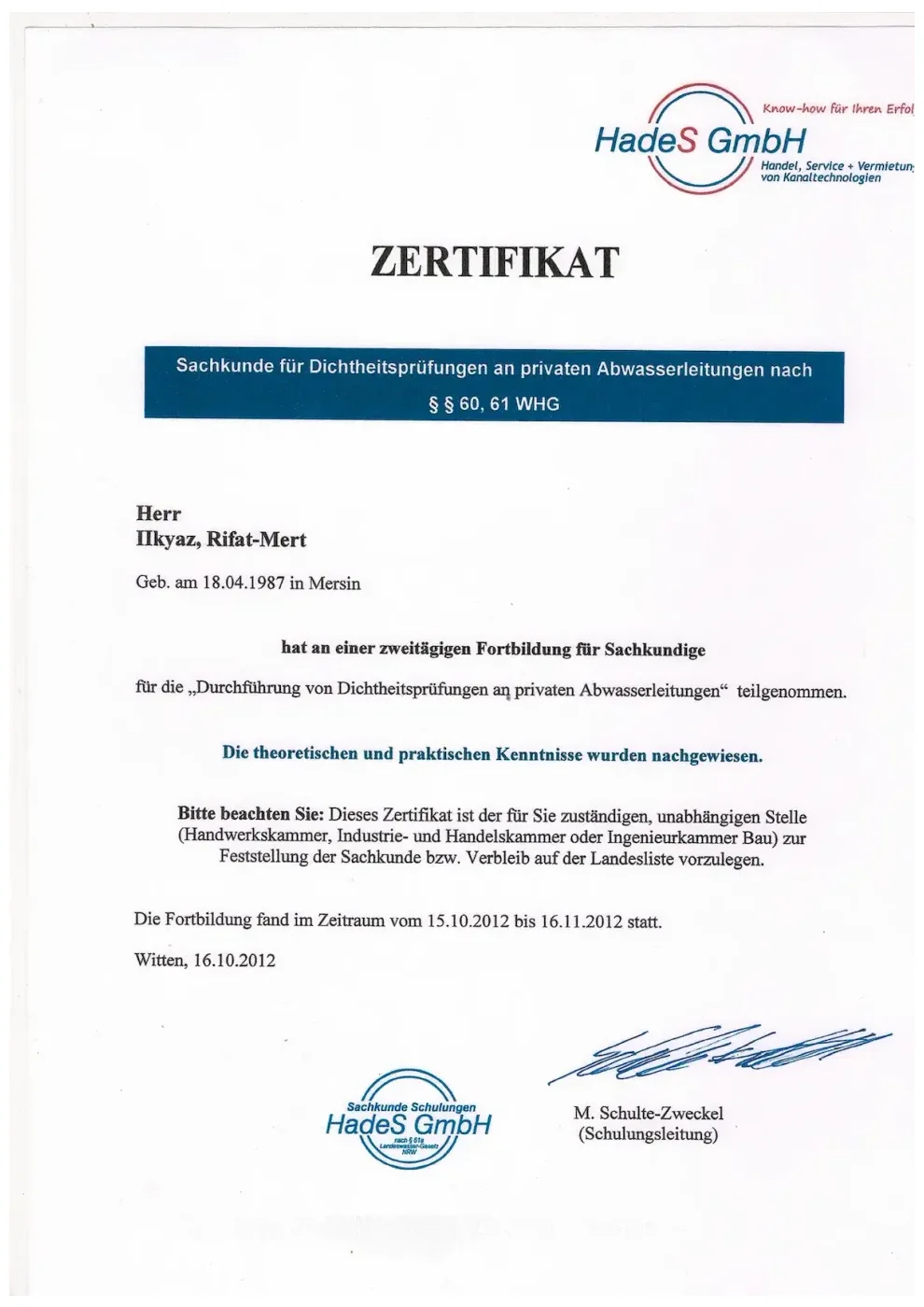 Zertifikat der RKS Rohr und Kanal Technik GmbH (03)