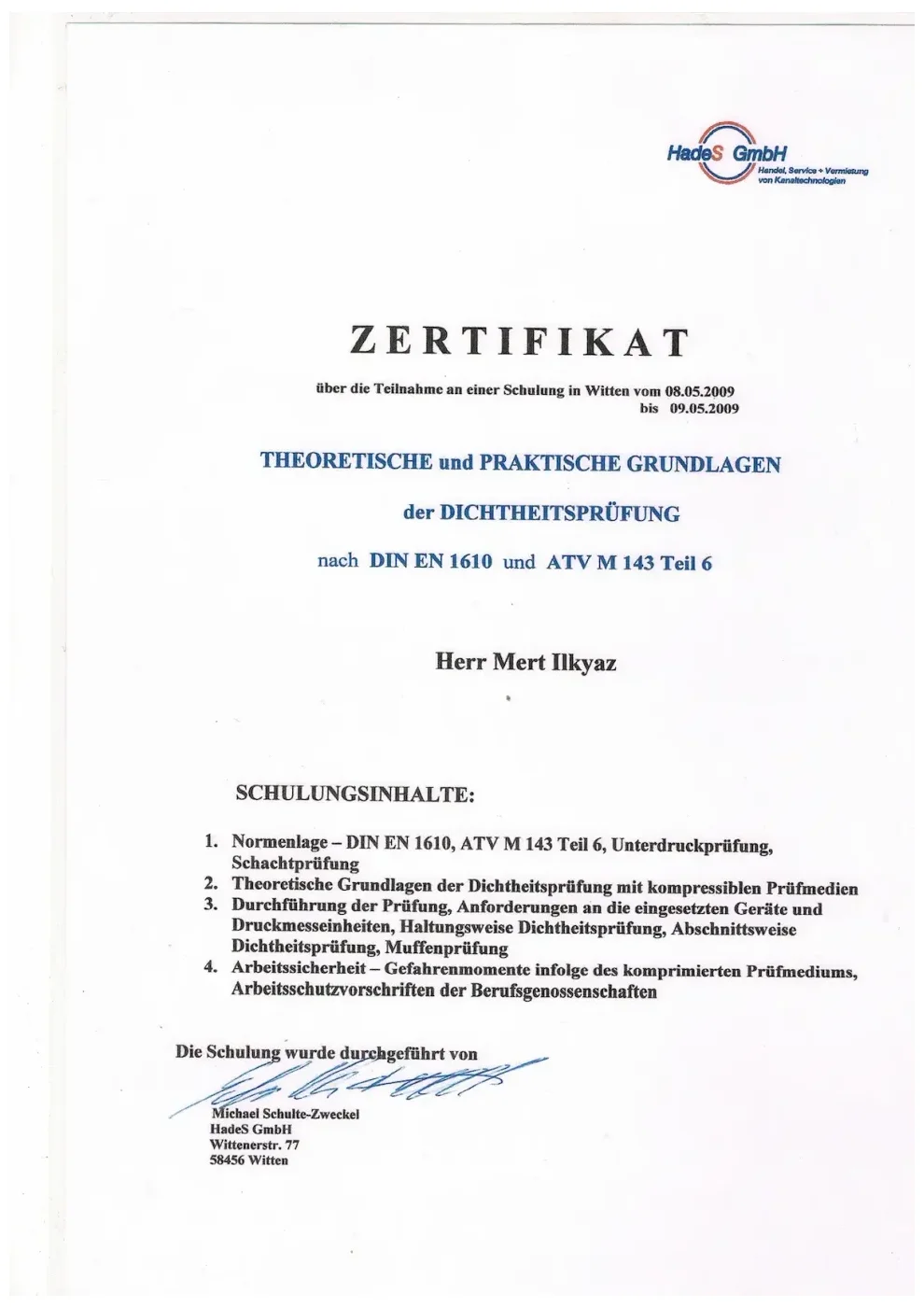 Zertifikat der RKS Rohr und Kanal Technik GmbH (04)