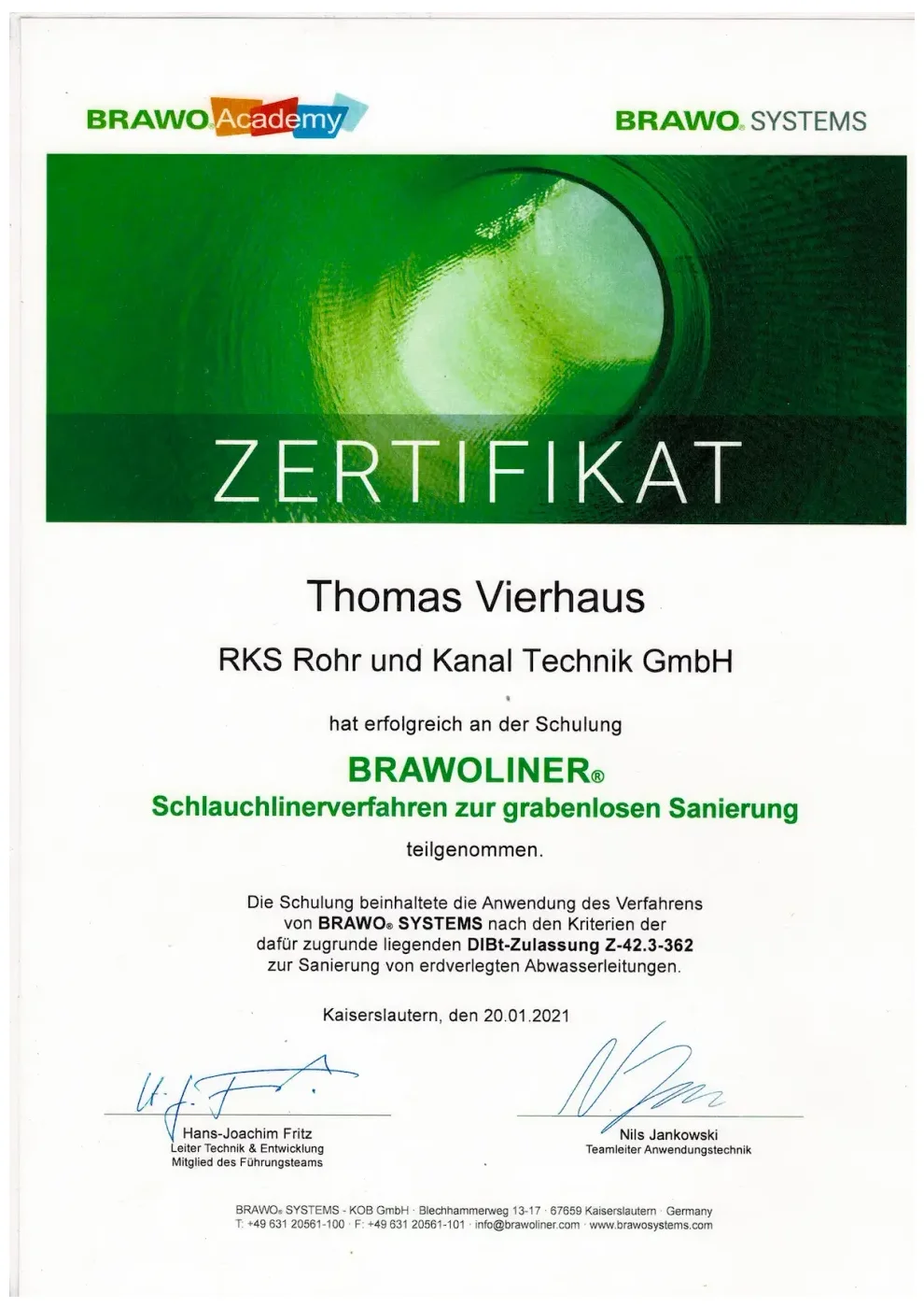 Zertifikat der RKS Rohr und Kanal Technik GmbH (23)